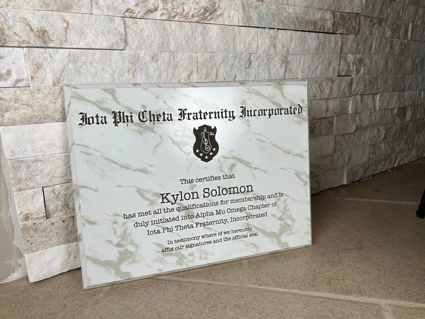 Iota Phi Cheta Fraternity Plaque, Marble, Oak, Bamboo, or Cherry 9x12 Display