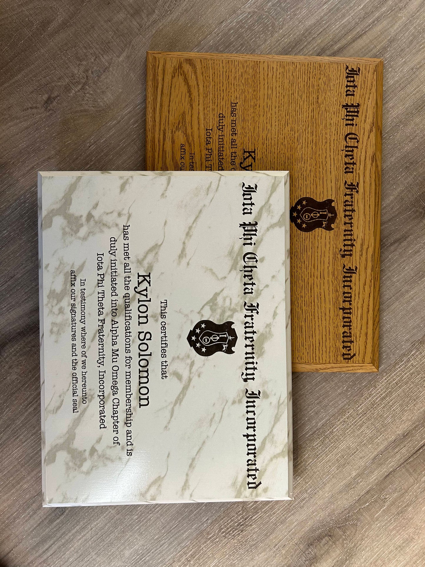 Iota Phi Cheta Fraternity Plaque, Marble, Oak, Bamboo, or Cherry 9x12 Display