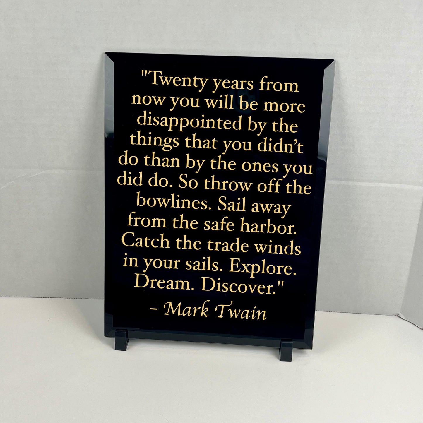 black glass with gold personalized quote plaque