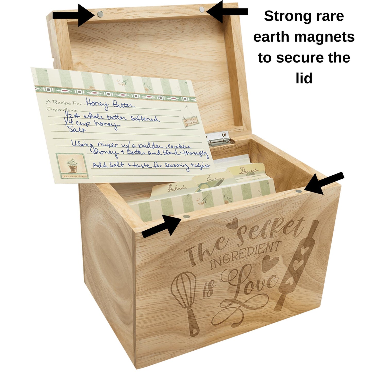 Handcrafted Malaysian Oak Recipe Box – Wooden Recipe Card Organizer Fits 3x5 or 4x6 Cards with Built-In Card Holder – Kitchen Storage & Gift
