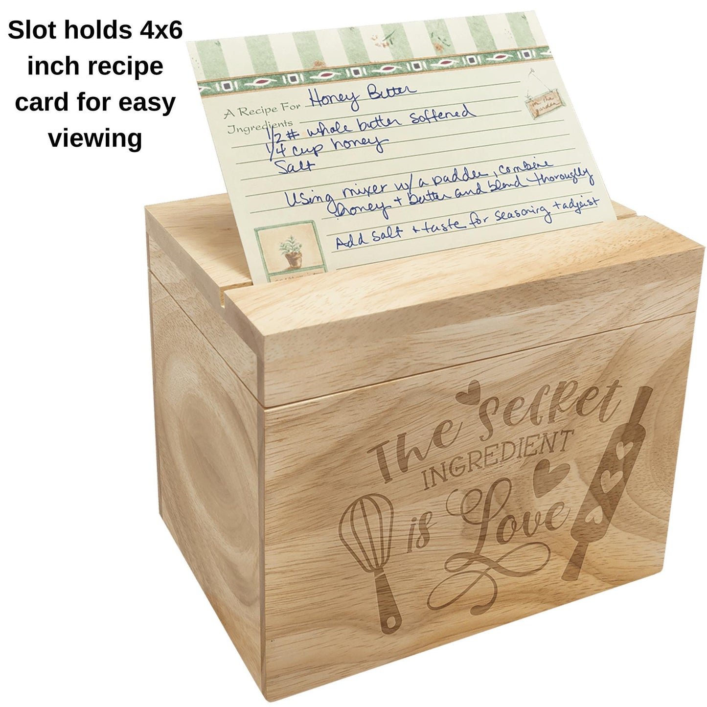 Handcrafted Malaysian Oak Recipe Box – Wooden Recipe Card Organizer Fits 3x5 or 4x6 Cards with Built-In Card Holder – Kitchen Storage & Gift