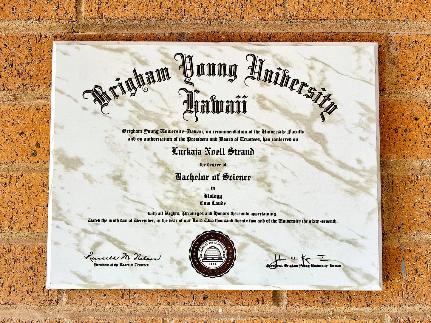 Marble Finish Diploma Plaque, front view