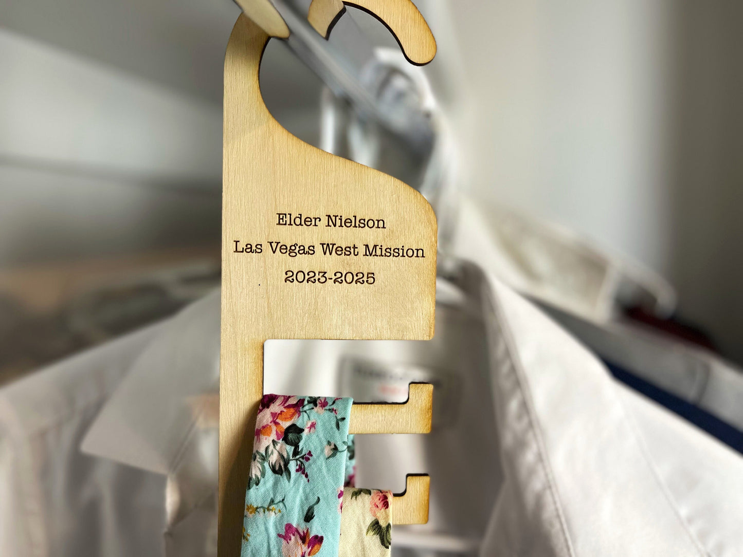Custom Engraved Tie Hanger, LDS Missionary, Elder Missionary Gifts, Laser Etched Tie Organizer, Farewell Gifts, Homecoming Gifts, Birch Wood