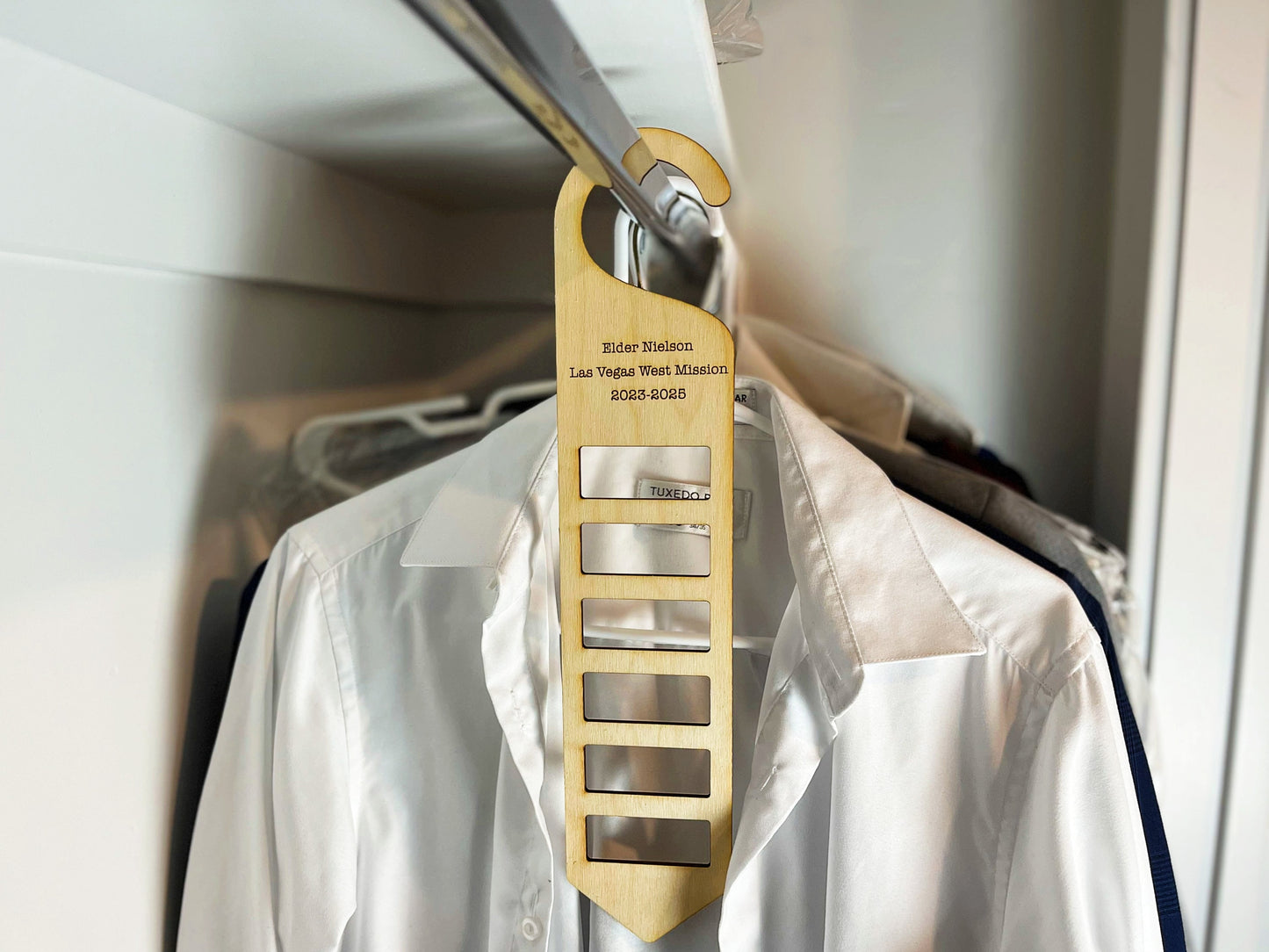 Custom Engraved Tie Hanger, LDS Missionary, Elder Missionary Gifts, Laser Etched Tie Organizer, Farewell Gifts, Homecoming Gifts, Birch Wood