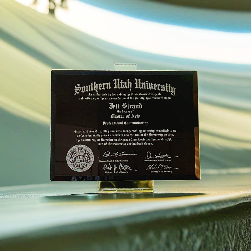 Black Glass Diploma Plaque, in office