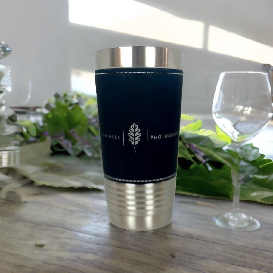 Insulated Leather Tumbler, 20oz Personalized Mug, Custom Engraved Tumblers, Skinny Tumbler, Etched Cup, Personalized Leather Tumbler Wrap