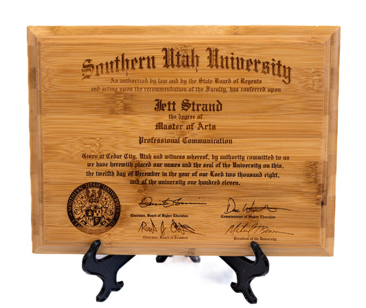 Authentic Bamboo Diploma Plaque, front view white backdrop