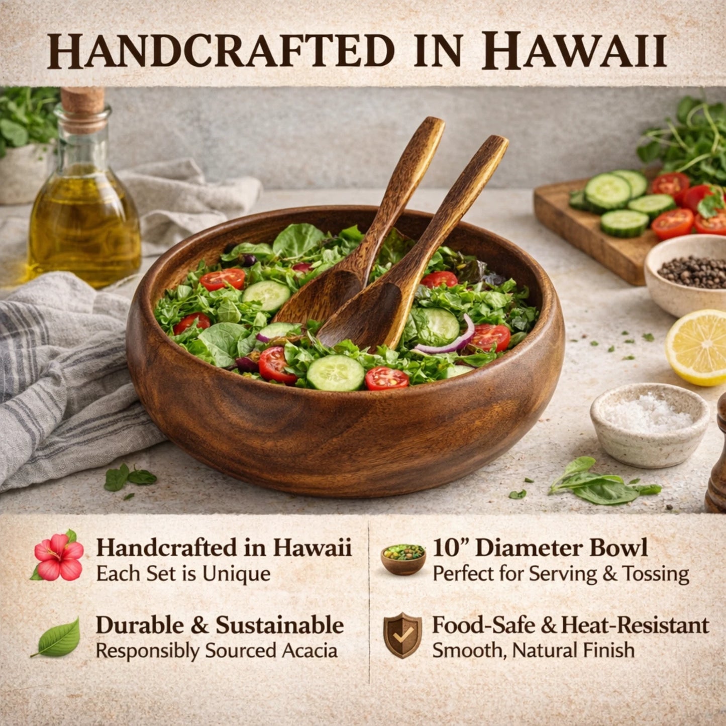 Handcrafted in Hawaii Acacia Wood Salad Bowl Set – 10” Round Bowl with Servers