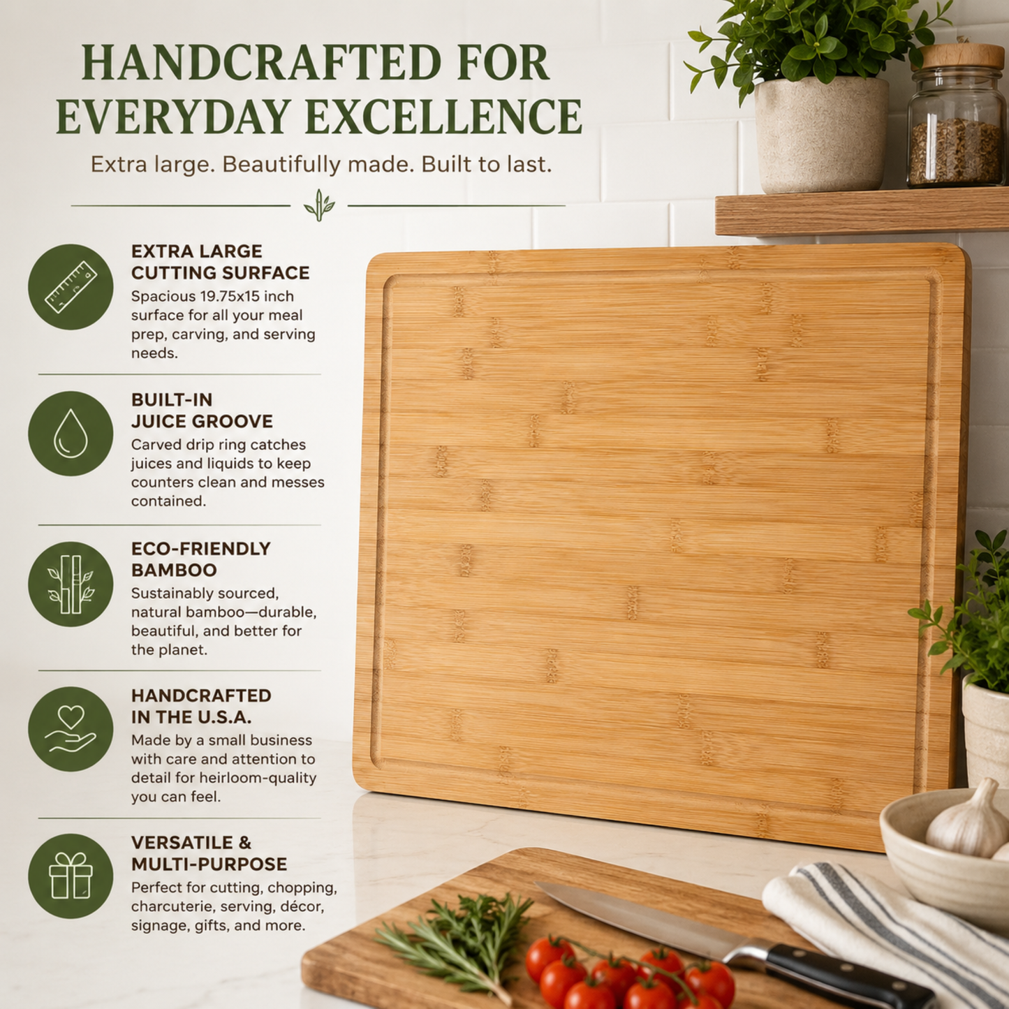 Handcrafted Bamboo Wood Cutting Board Made in the USA, Chopping Board