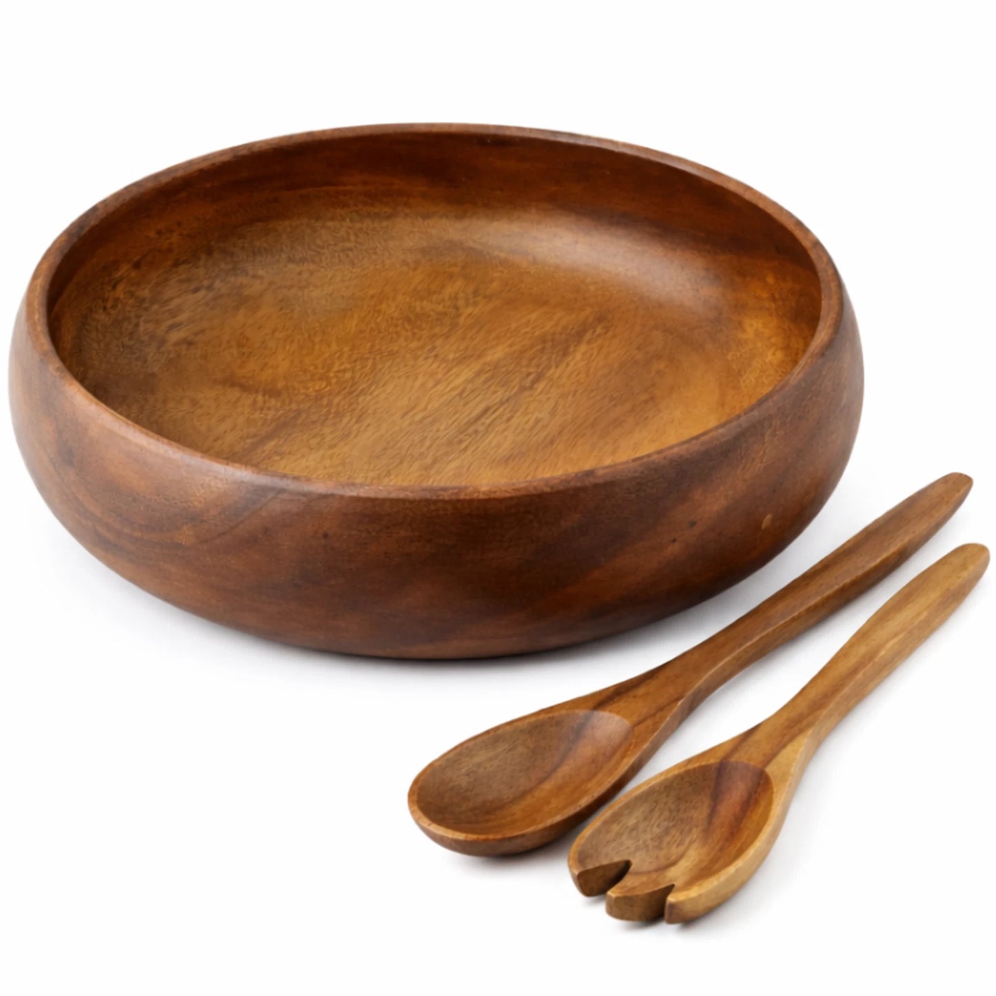 Handcrafted in Hawaii Acacia Wood Salad Bowl Set – 10” Round Bowl with Servers