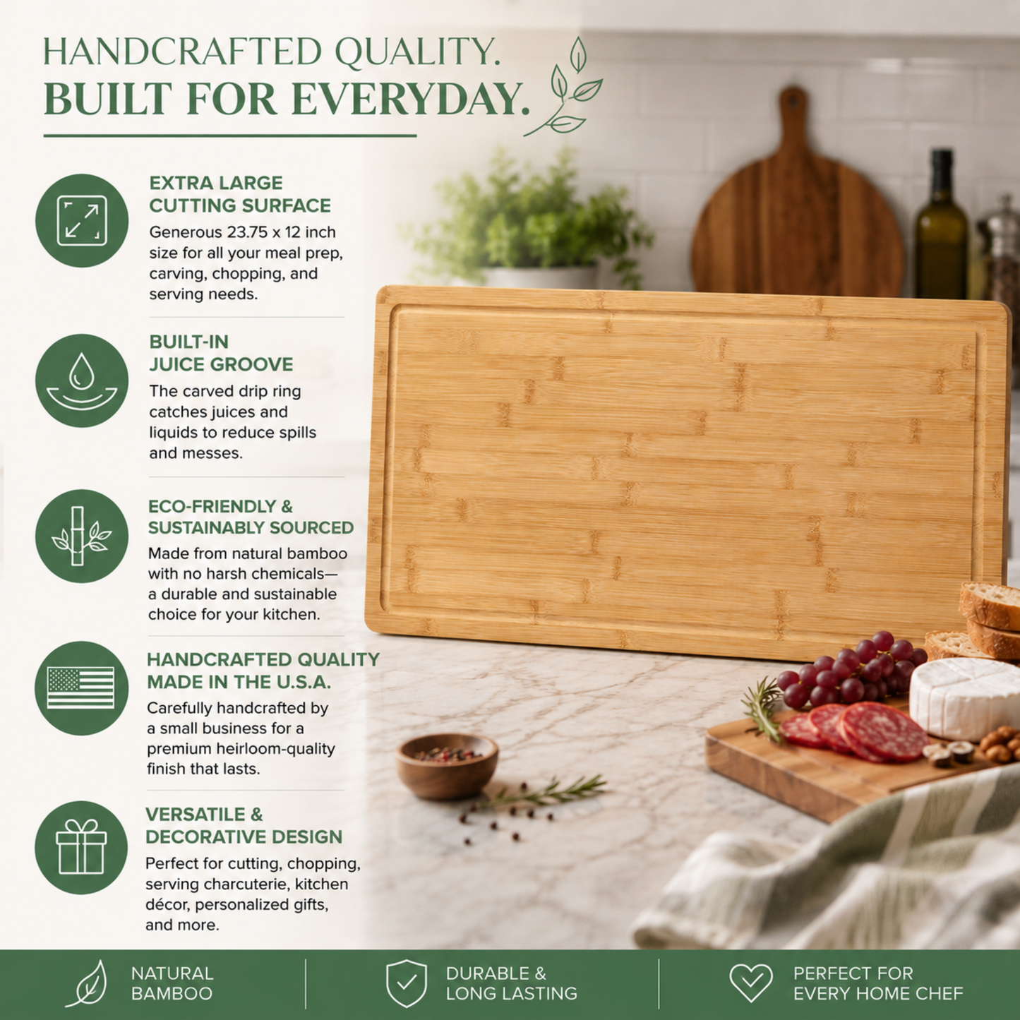 Handcrafted Bamboo Wood Cutting Board Made in the USA, Chopping Board