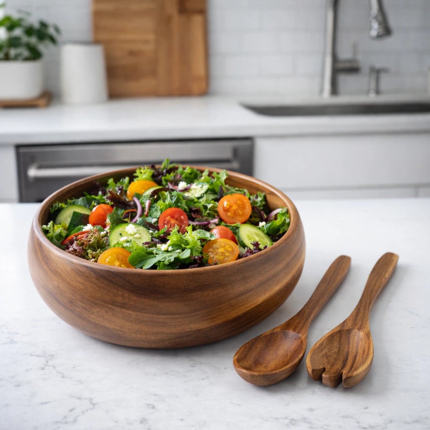 Handcrafted in Hawaii Acacia Wood Salad Bowl Set – 10” Round Bowl with Servers