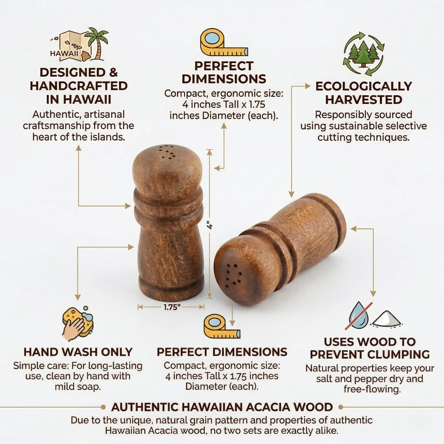 Handcrafted Hawaiian Acacia Wood Salt & Pepper Shaker Set