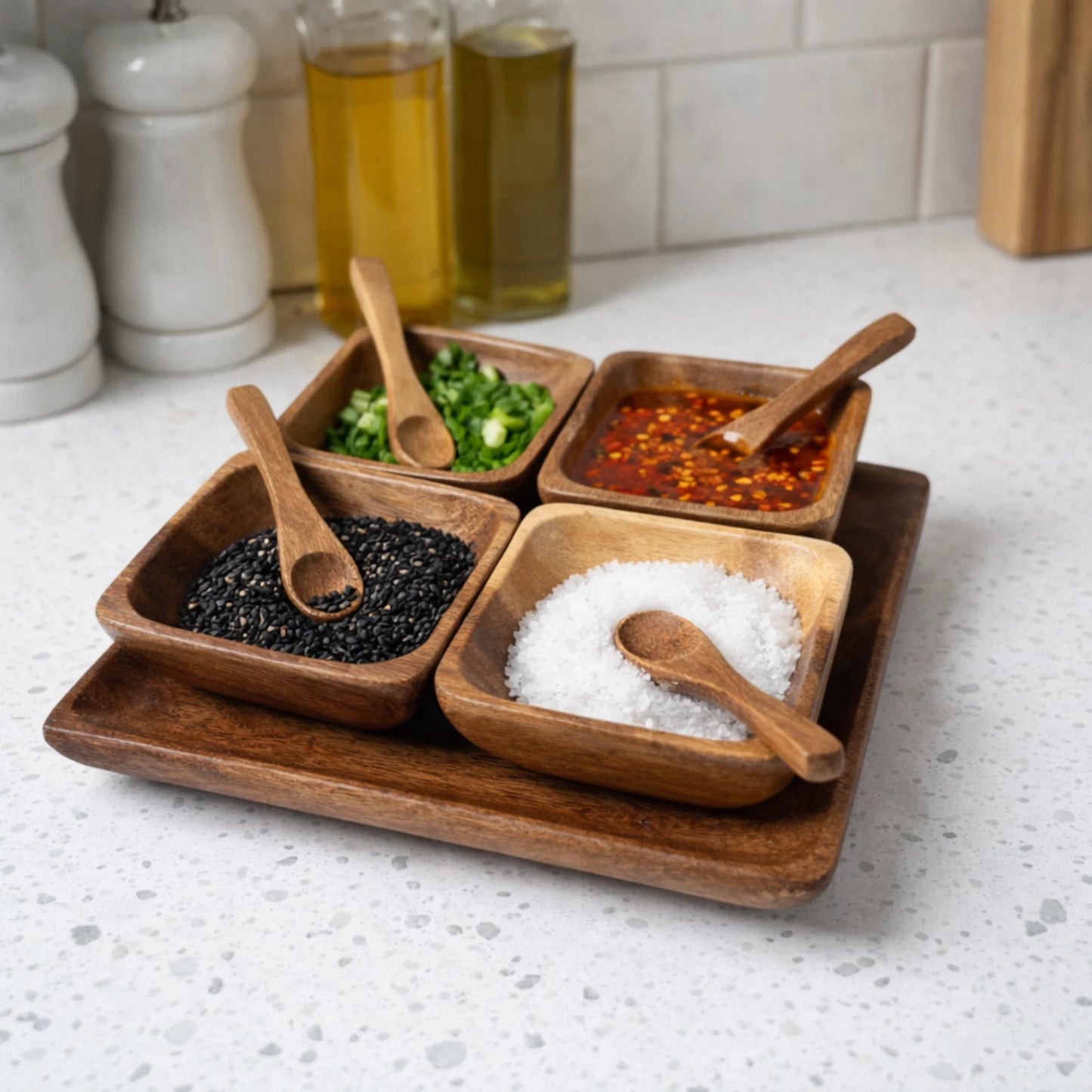 Handcrafted in Hawaii Acacia Wood Condiment Set – Sustainable Serving Solution
