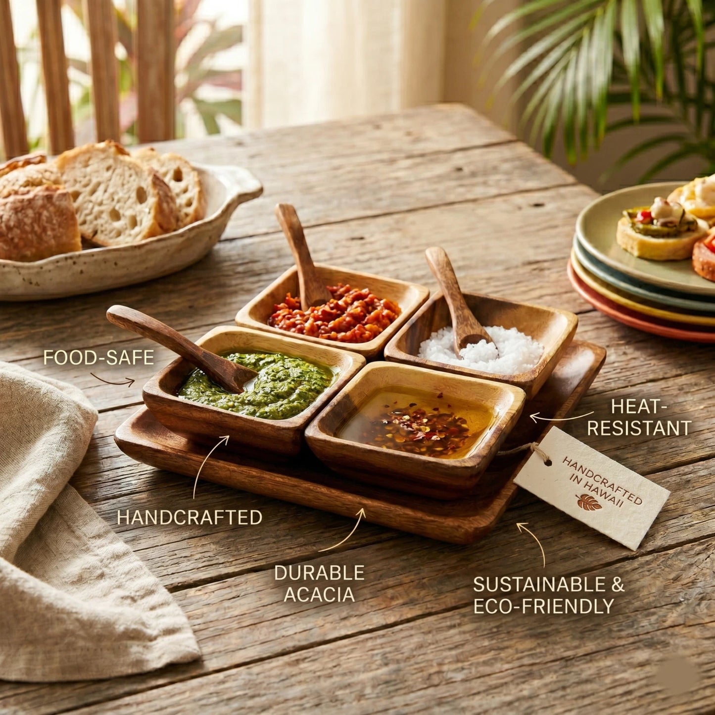 Handcrafted in Hawaii Acacia Wood Condiment Set – Sustainable Serving Solution