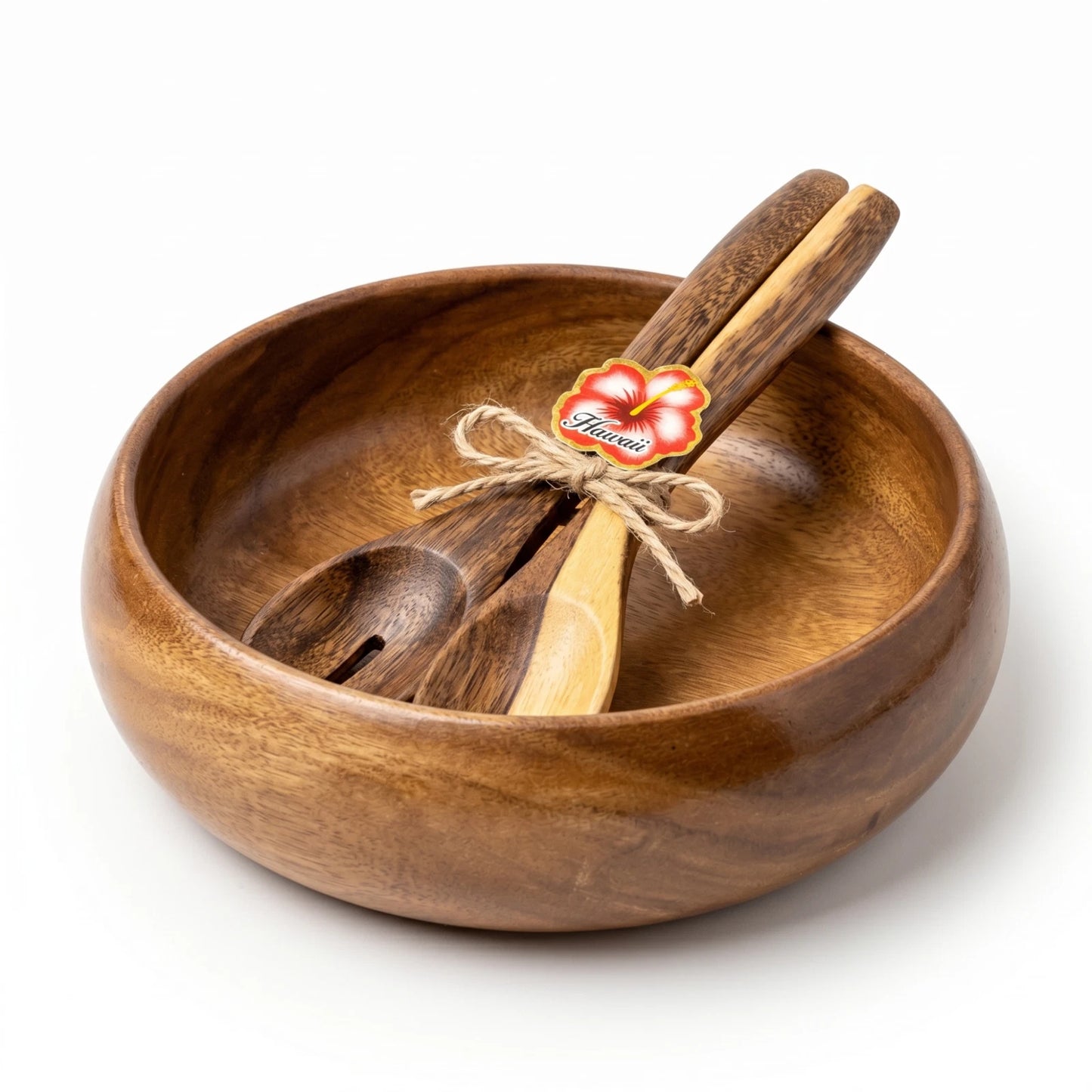 Handcrafted in Hawaii Acacia Wood Salad Bowl Set – 10” Round Bowl with Servers