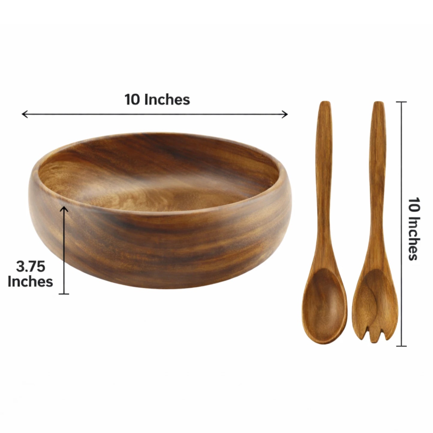 Handcrafted in Hawaii Acacia Wood Salad Bowl Set – 10” Round Bowl with Servers