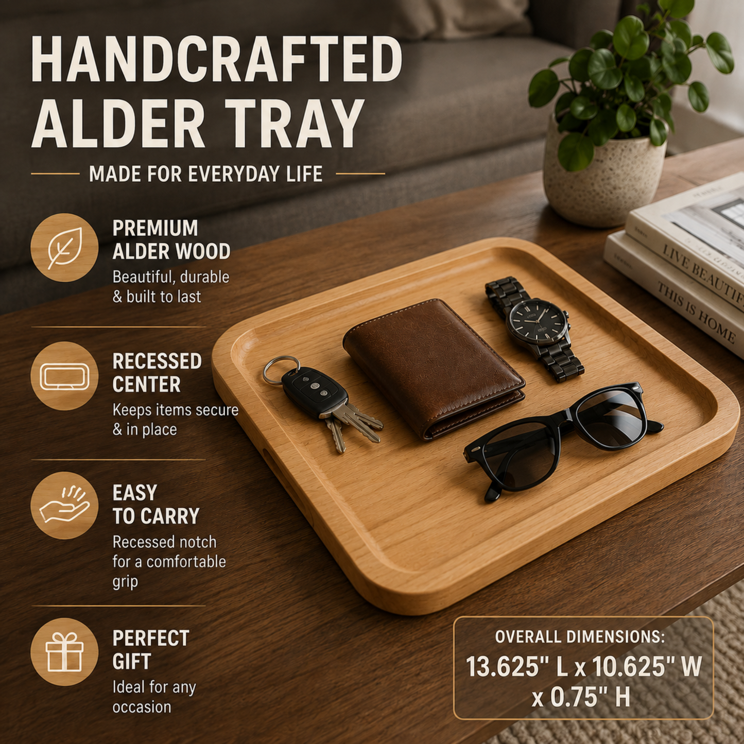 Handcrafted Alder & Walnut Wood Tray – Entryway Organizer 13.625"x10.625"