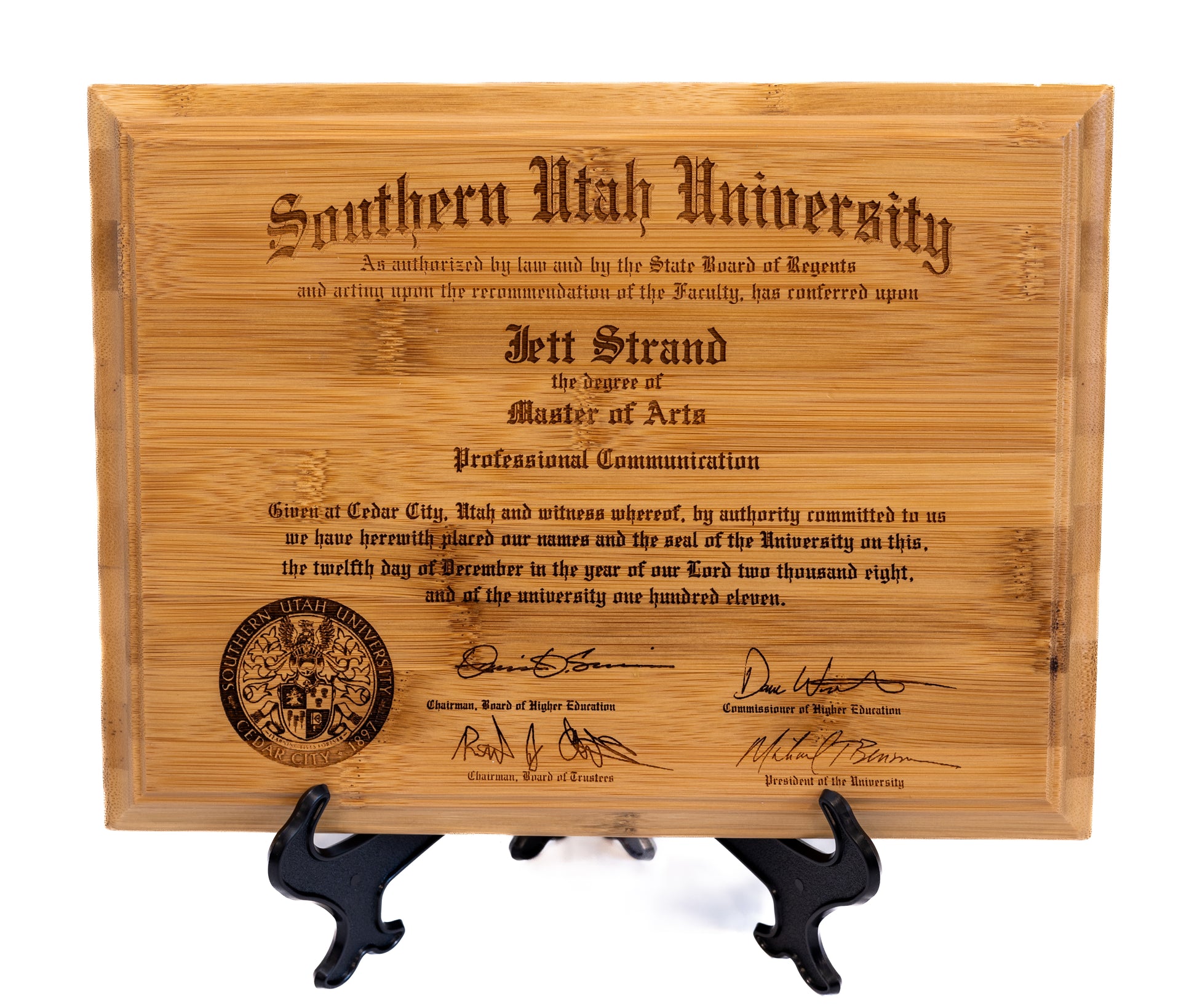 Authentic Bamboo Diploma frame, front view white backdrop