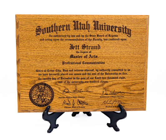 Custom Oak Diploma frame, white backdrop front view
