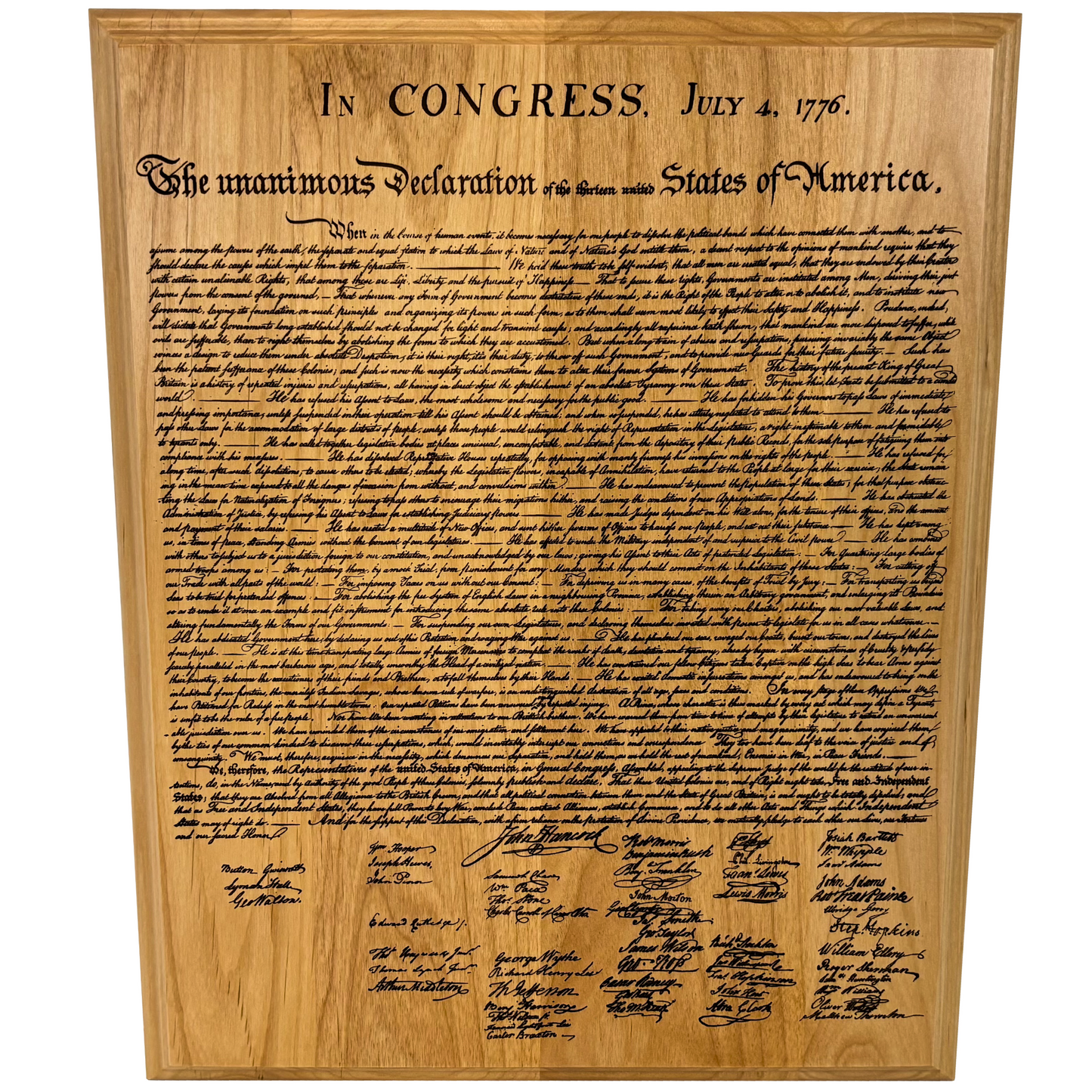 Engraved wooden plaque with the text of the Declaration of Independence