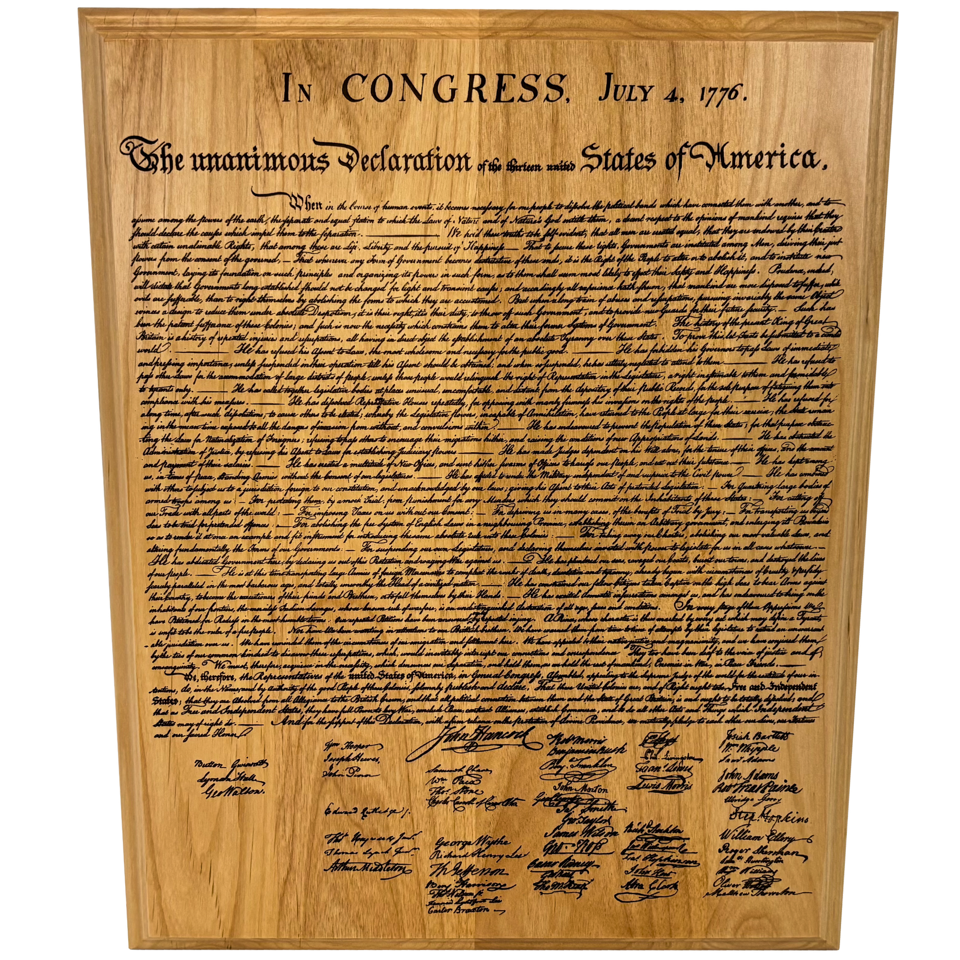 Engraved wooden plaque with the text of the Declaration of Independence