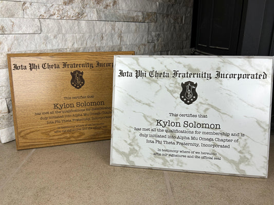 Iota Phi Cheta Fraternity Plaque, Marble, Oak, Bamboo, or Cherry 9x12 Display