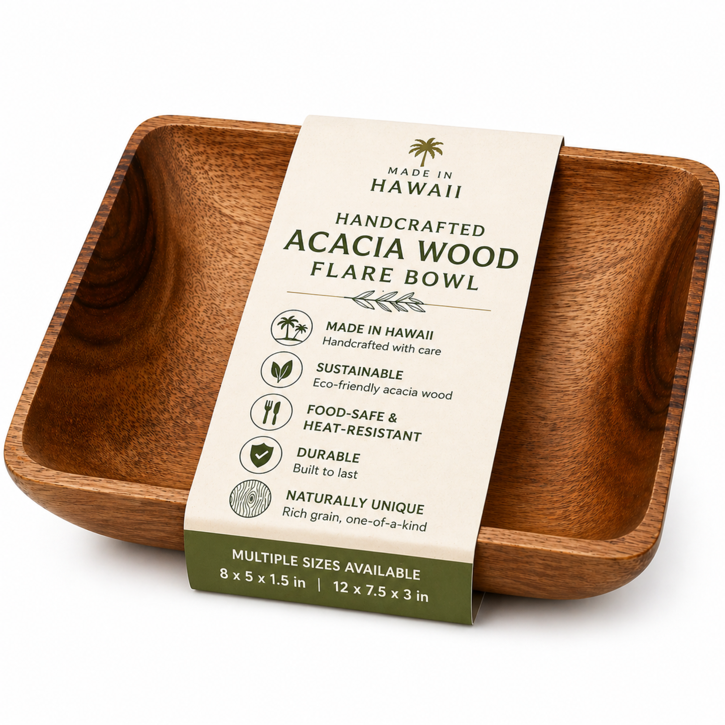 Handcrafted Acacia Wood Flare Bowl – Rectangular Serving Dish - Made in Hawaii