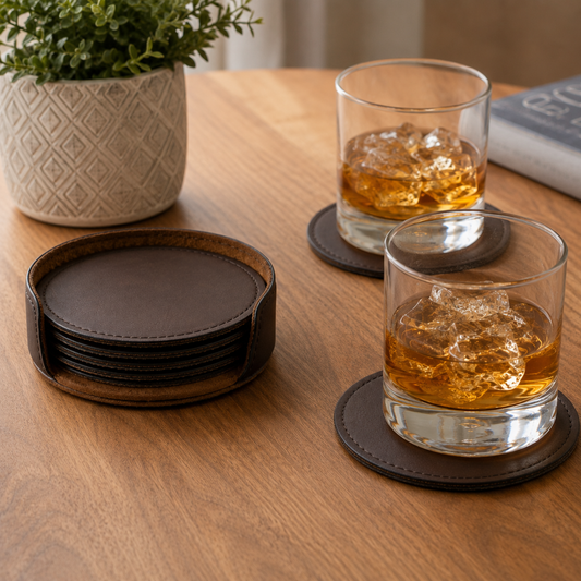 6 Pack 4″ Round Coaster Set – Premium Faux Leather- Table Drink Protectors