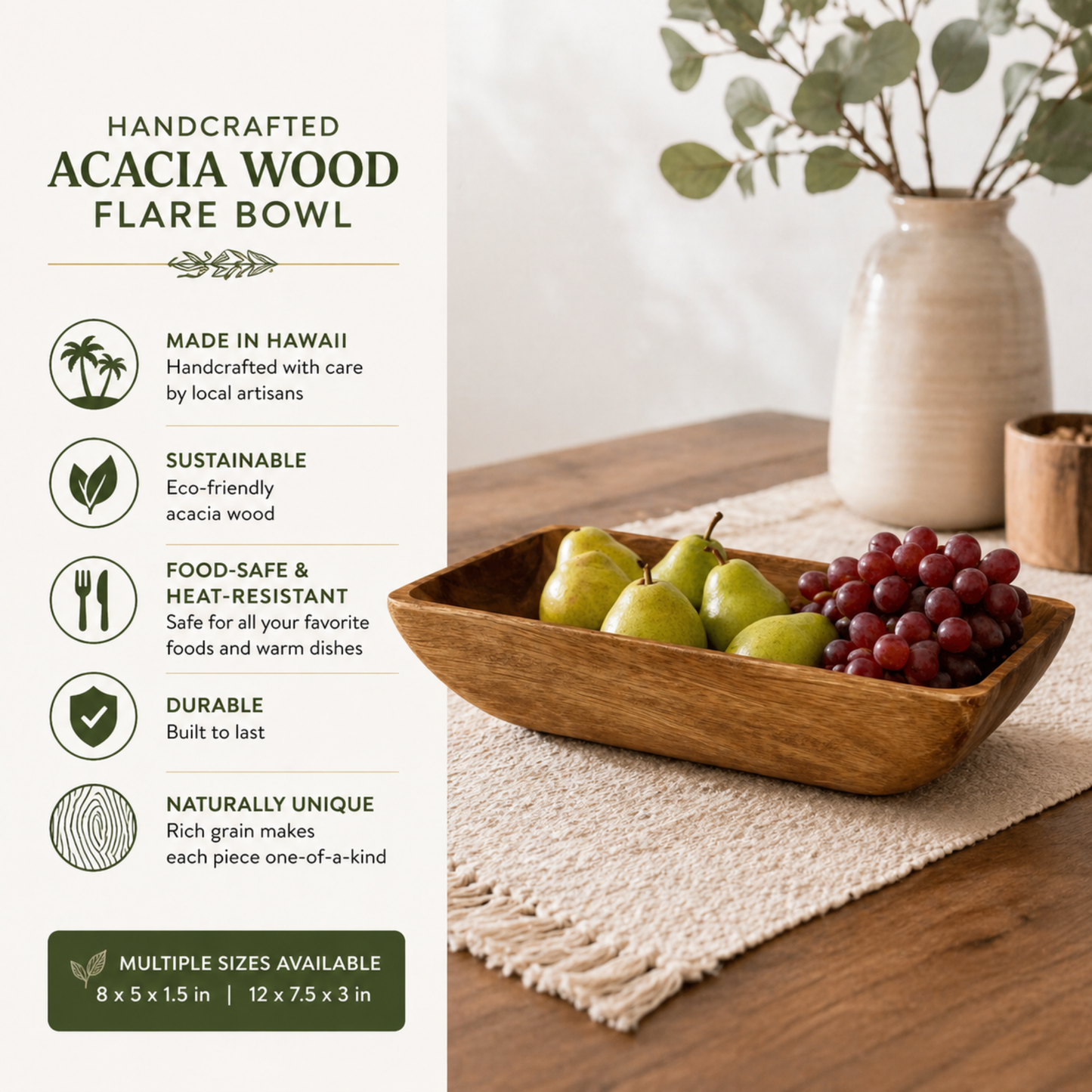 Handcrafted Acacia Wood Flare Bowl – Rectangular Serving Dish - Made in Hawaii