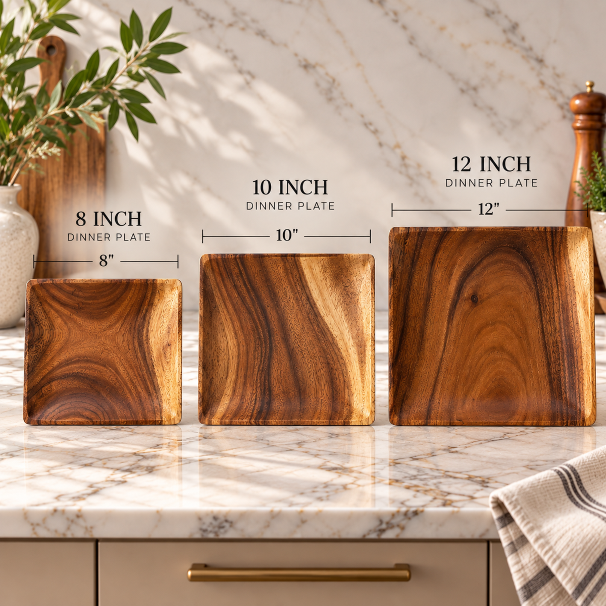 Square Acacia Wood Plates | Handcrafted in Hawaii | 8, 10 & 12 Inch