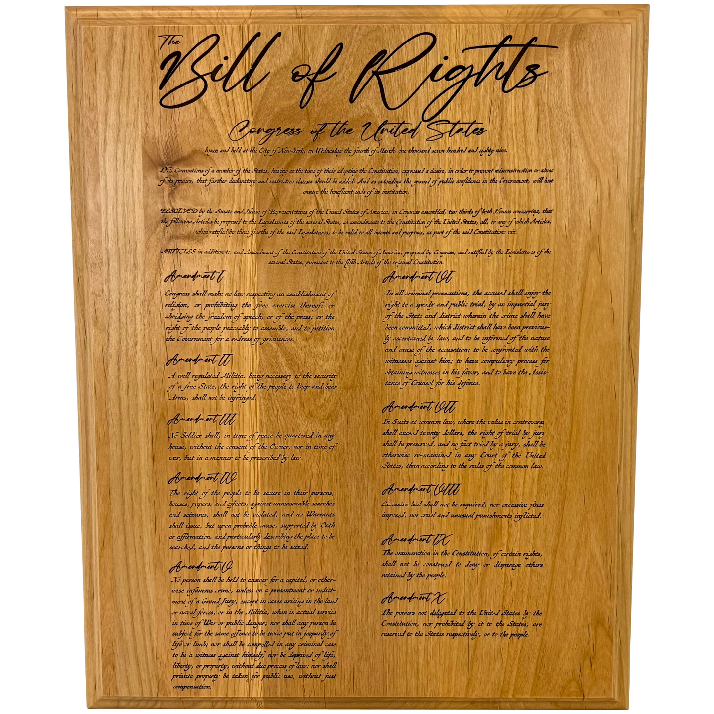Wooden plaque with engraved text of the Bill of Rights