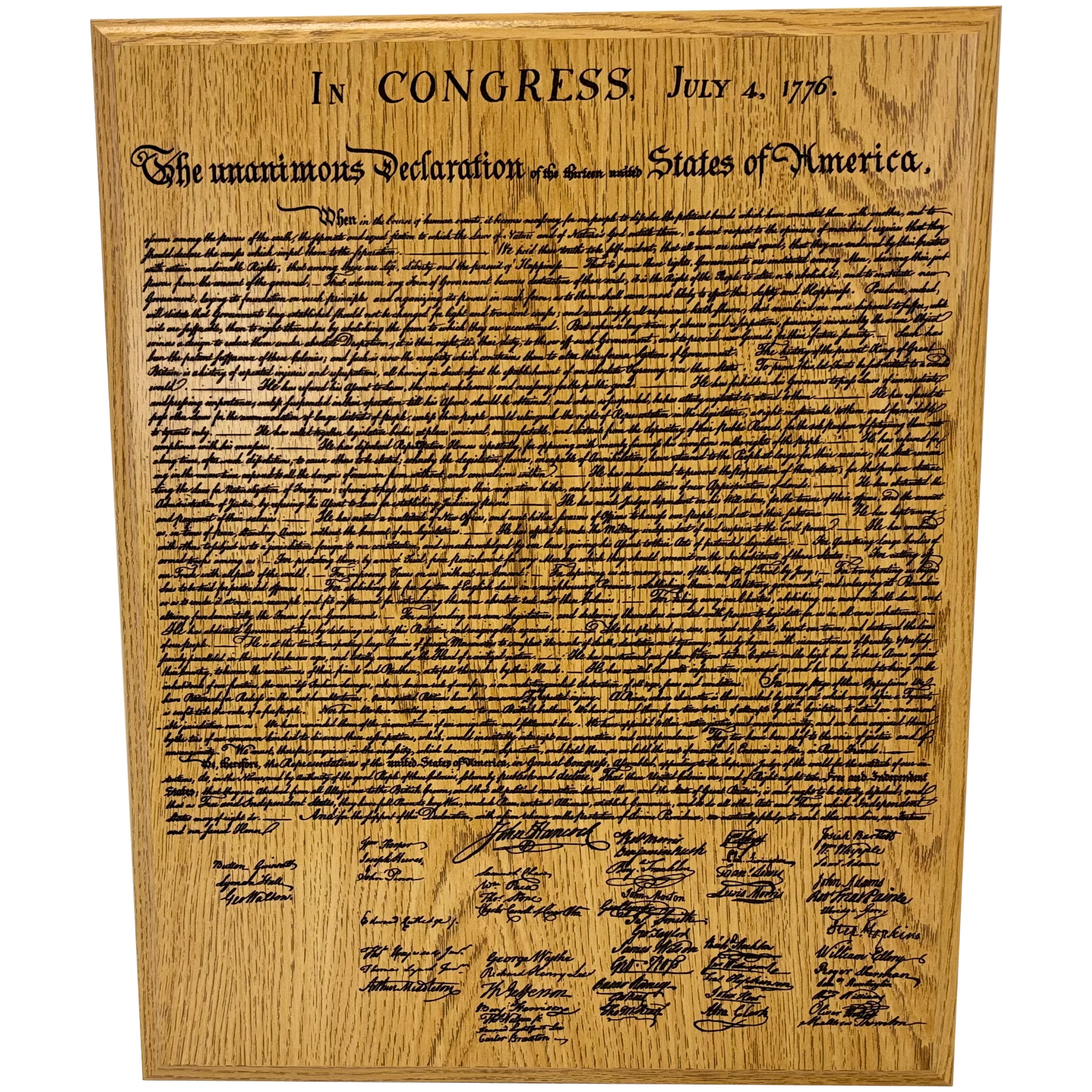 Wooden plaque with engraved text of the Declaration of Independence