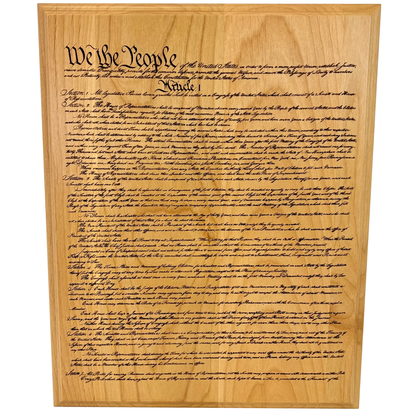Wooden plaque with engraved text of the United States Constitution