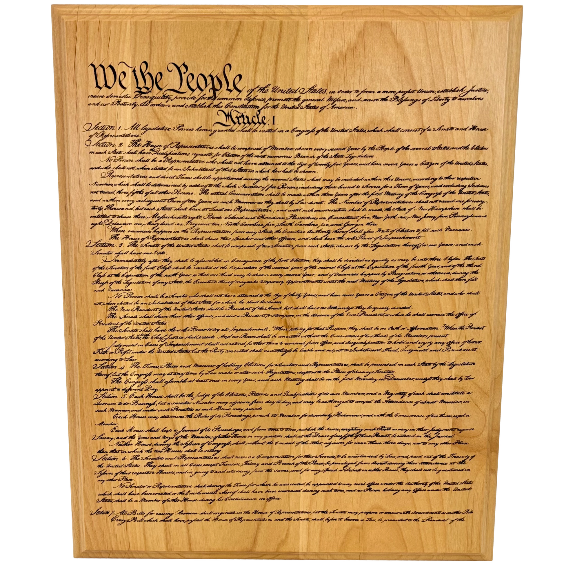 Wooden plaque with engraved text of the United States Constitution