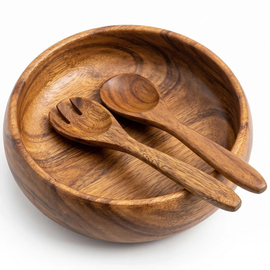 Wooden salad bowl with two wooden spoons