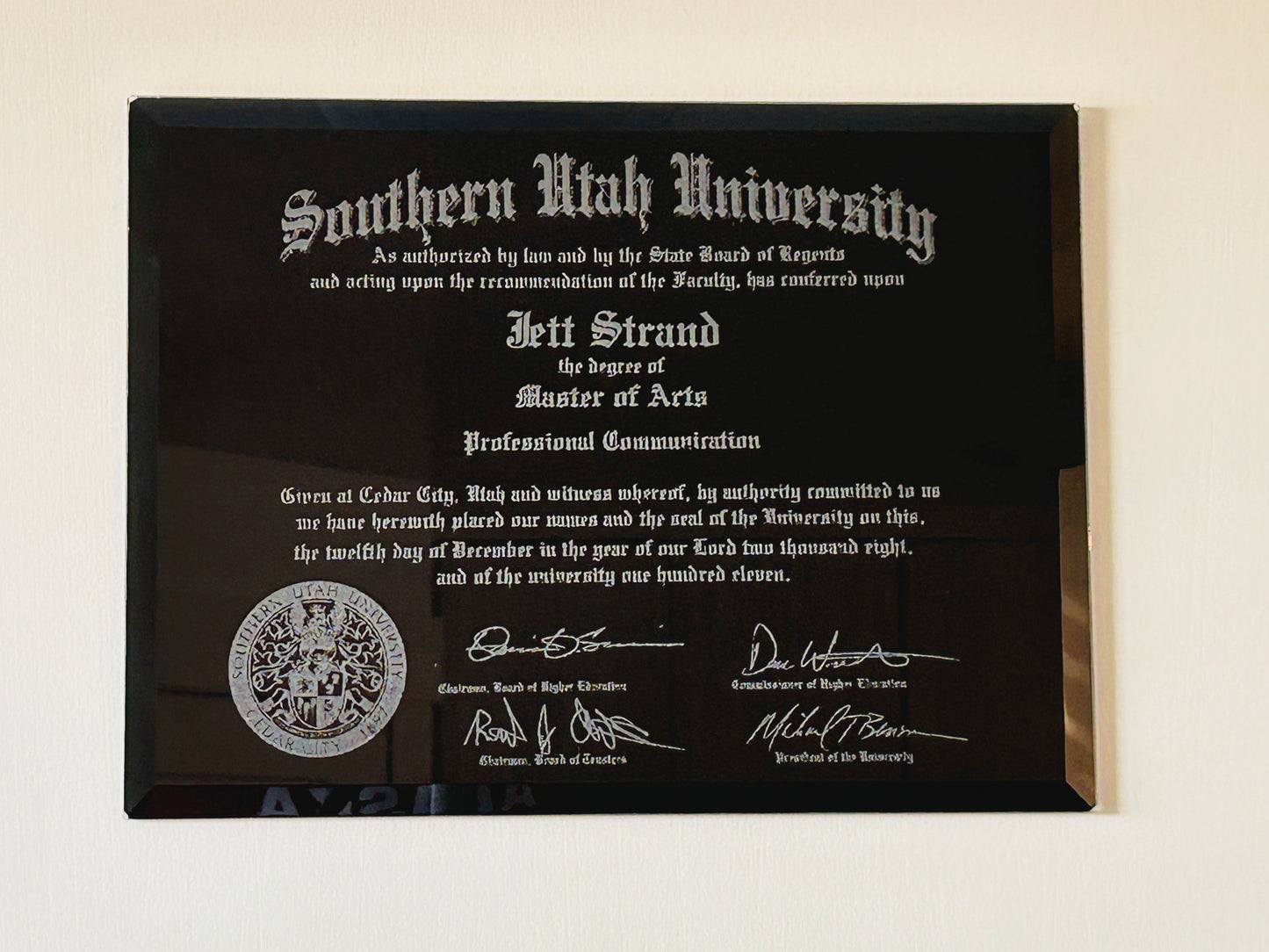 Black Glass Diploma Plaque, front view