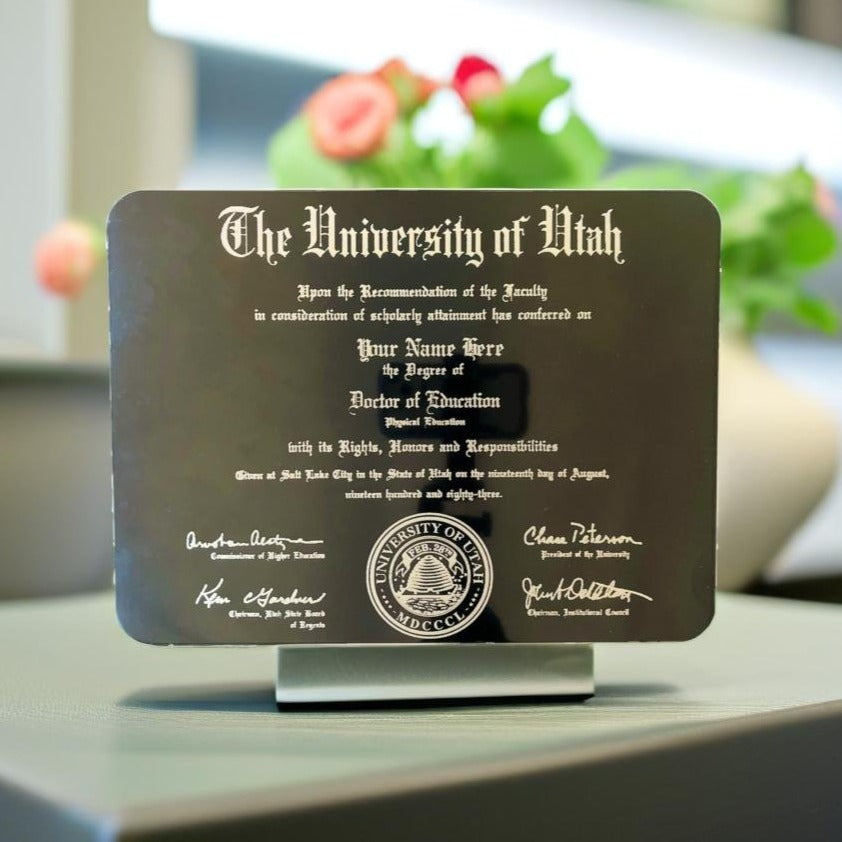 Black Aluminum Diploma Plaque, front view in house