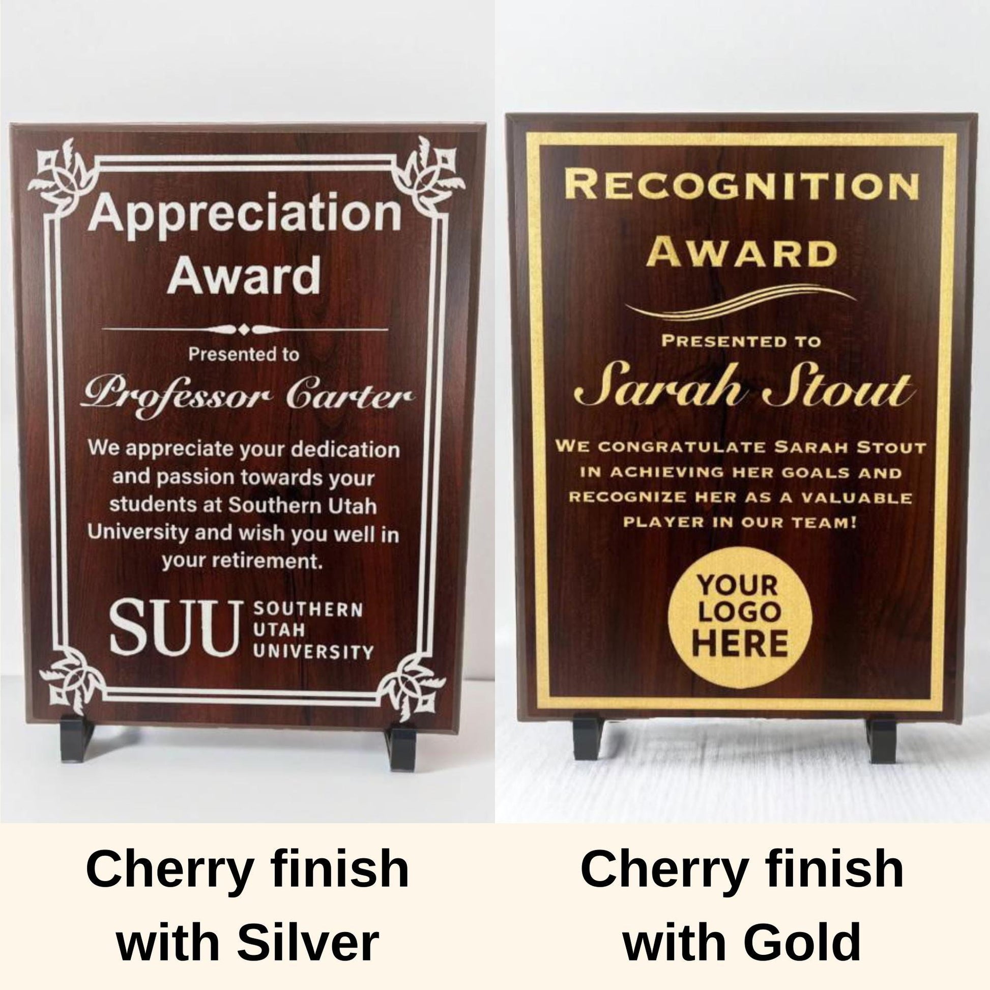 cherrt with gold and silver appreciation plaque