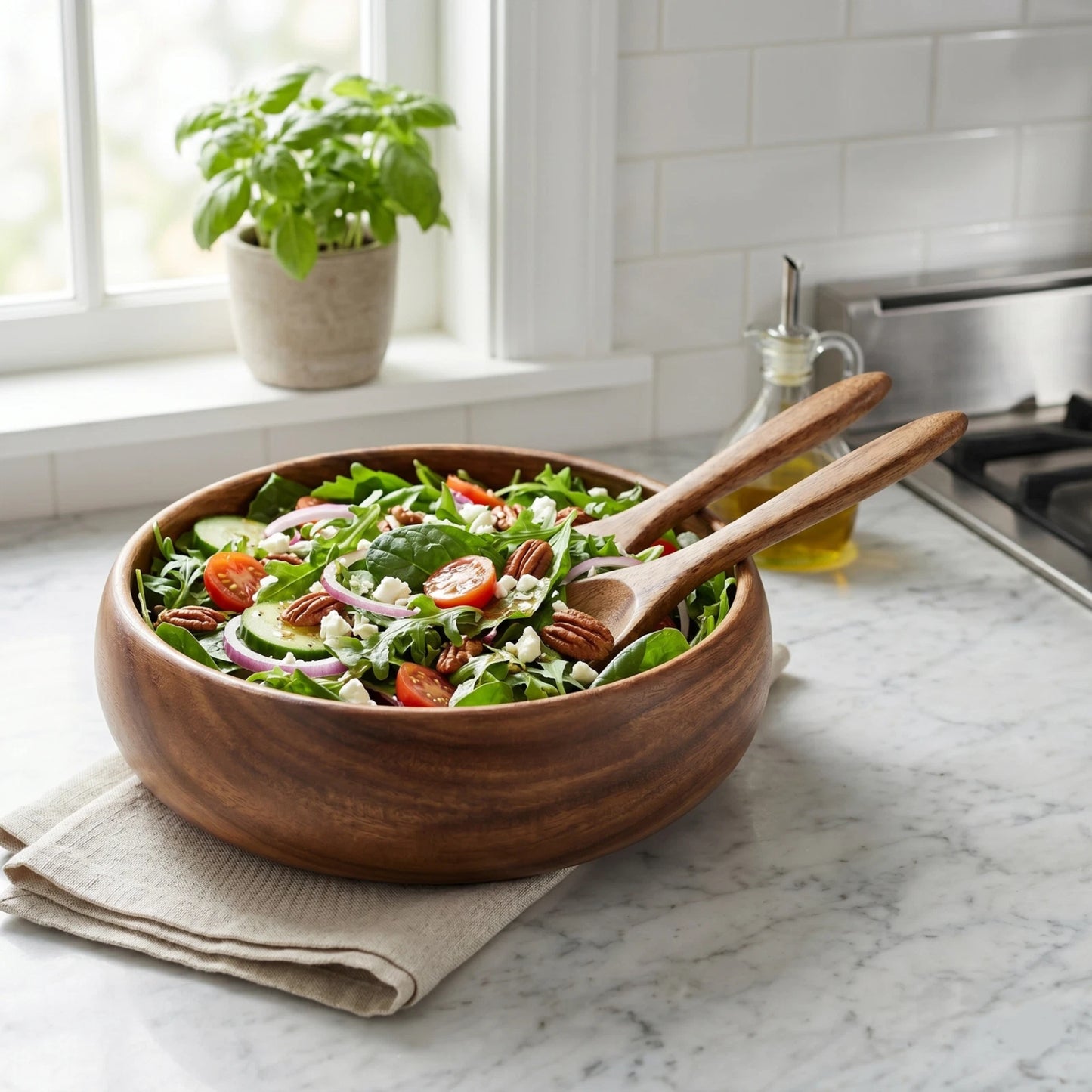 Handcrafted in Hawaii Acacia Wood Salad Bowl Set – 10” Round Bowl with Servers