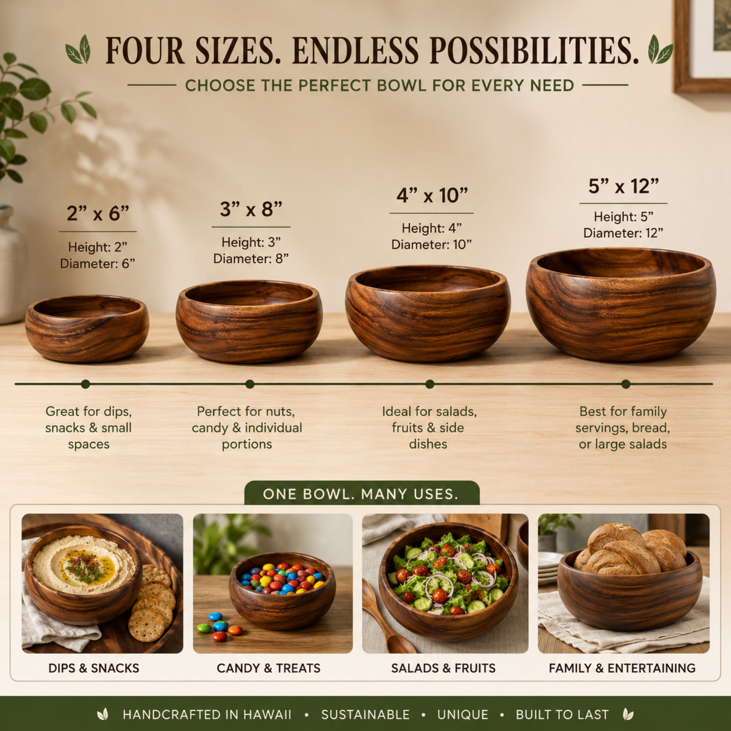 Handcrafted Hawaiian Acacia Wood Bowl – Organic Wooden Salad & Serving Bowl