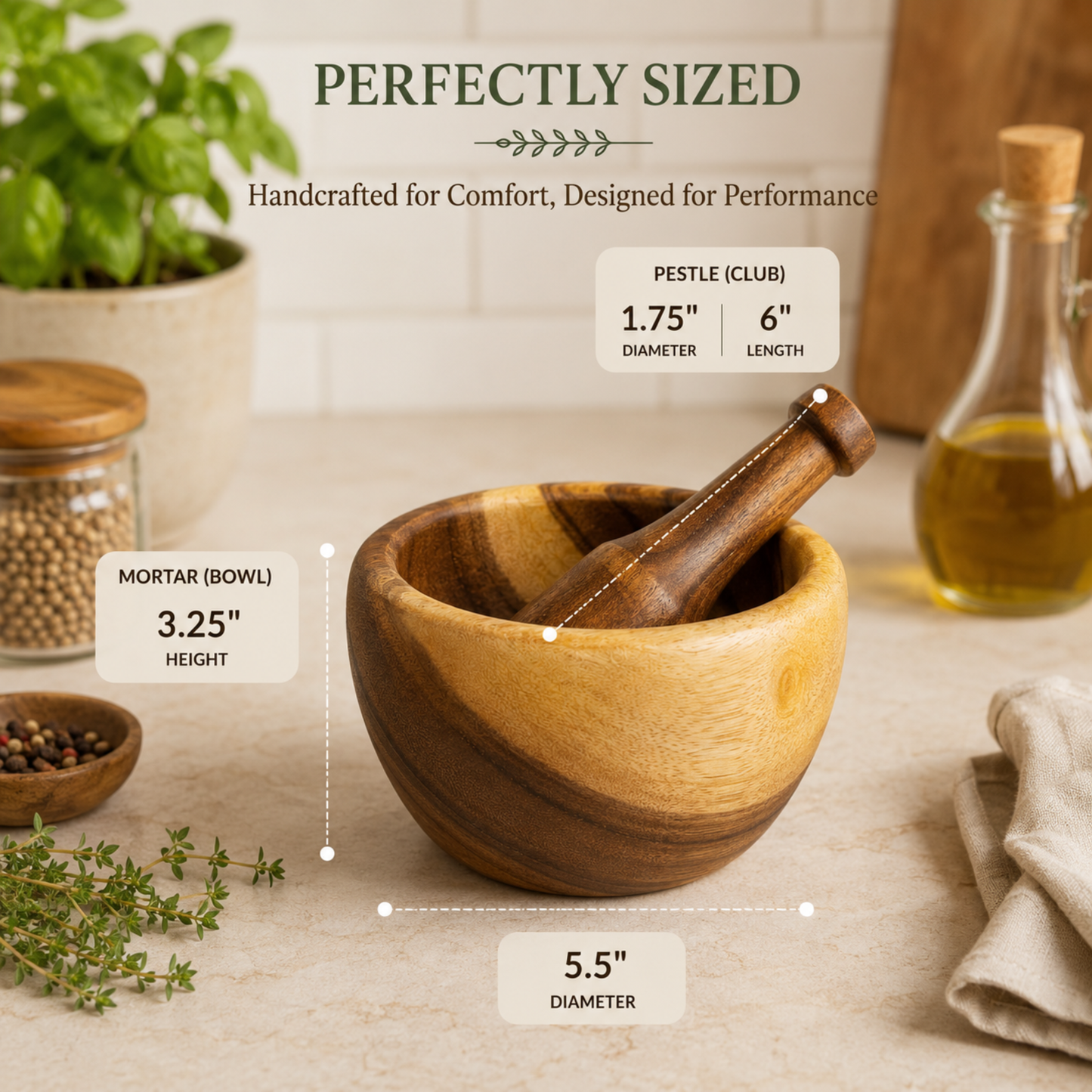 Hawaiian Handcrafted Mortar & Pestle – Acacia Wood Natural Herb & Spice Grinder