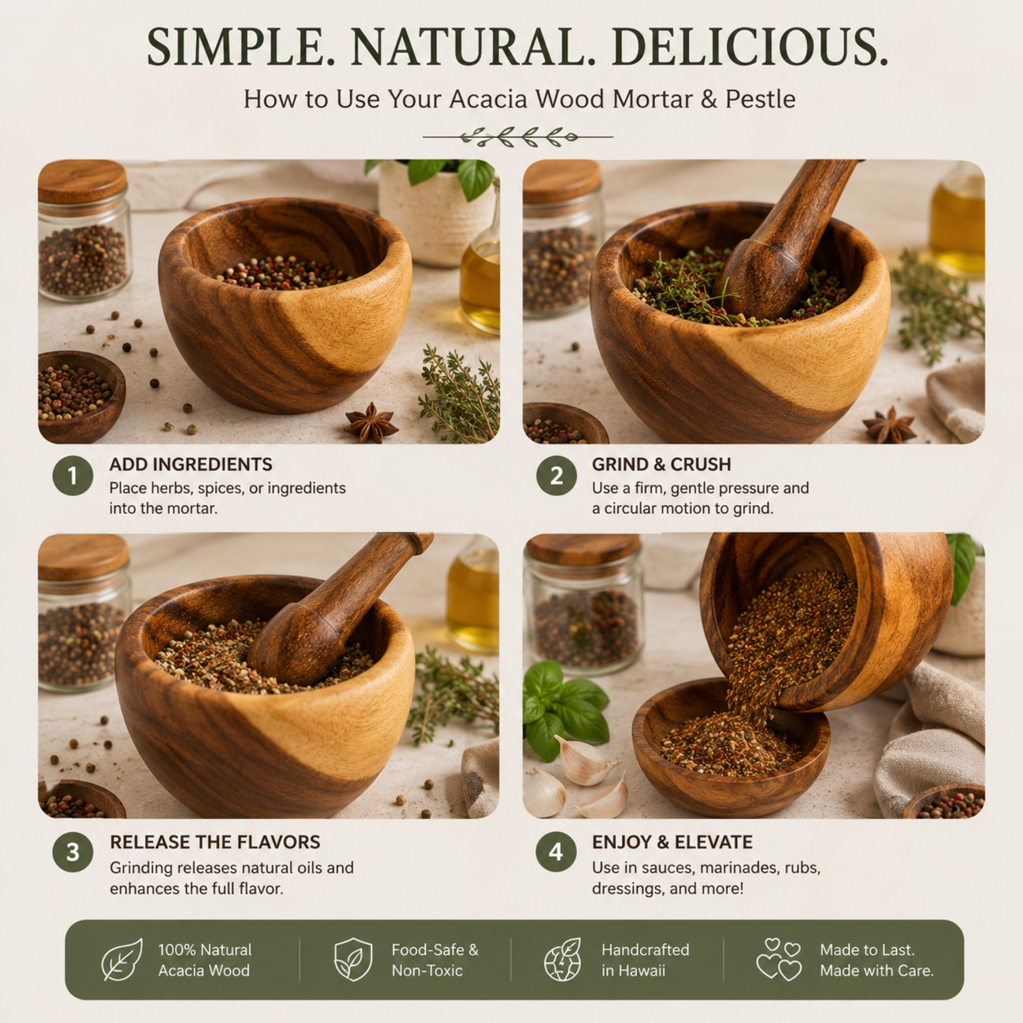 Hawaiian Handcrafted Mortar & Pestle – Acacia Wood Natural Herb & Spice Grinder