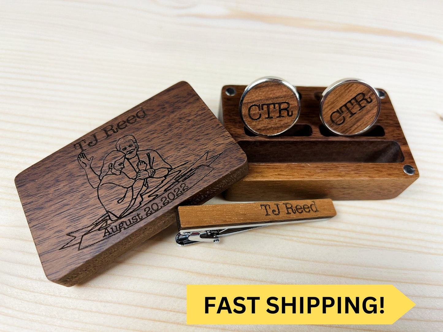 Engraved Cuff link and tie clip set, LDS Baptism Gift, Boys Baptism, Engraved Personalized Gift Box