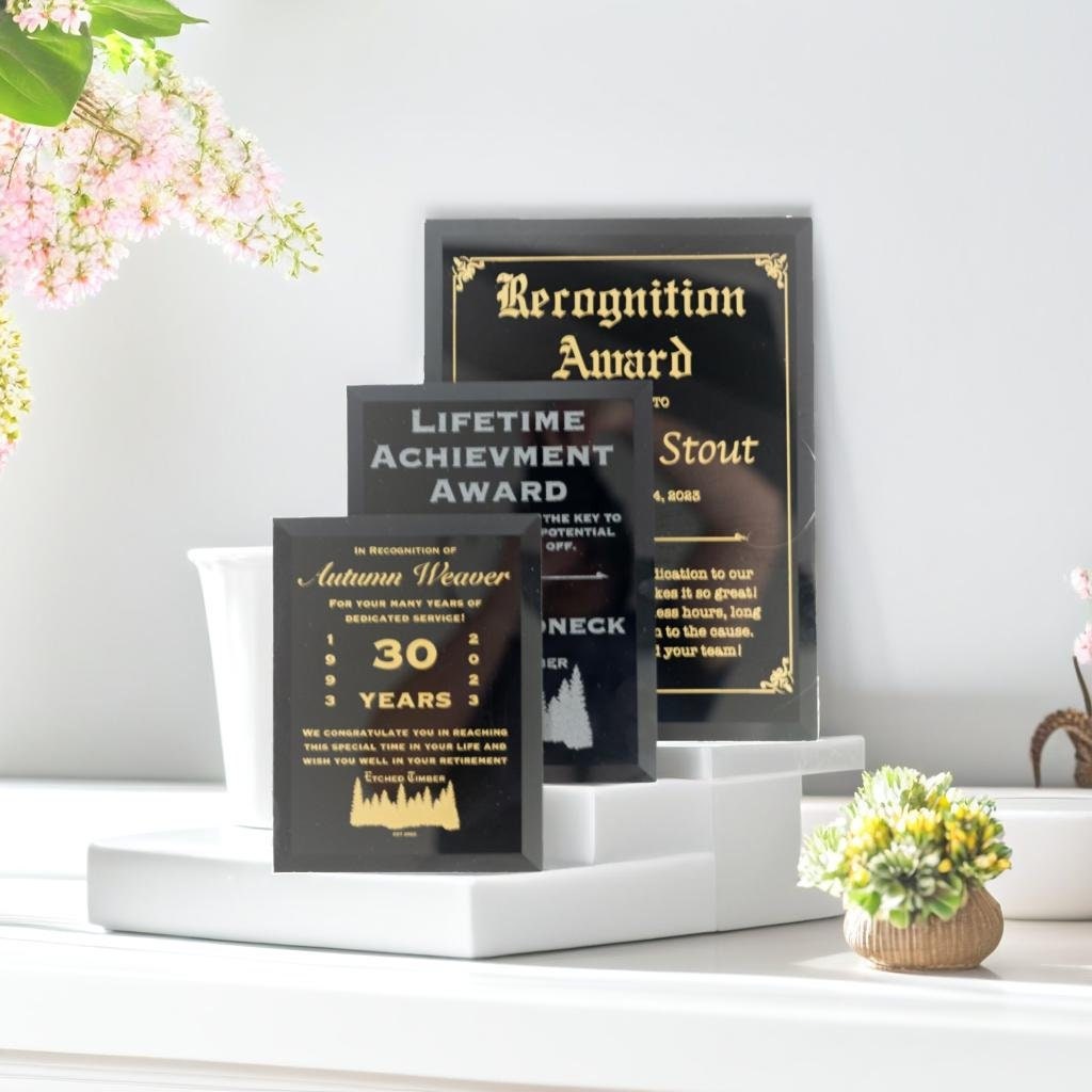 Glass Award Plaques, Customizable Awards, Employee Awards, Mirrored Glass Trophies, Engraved Award Plaque, Custom Award and Trophies, NO FEE