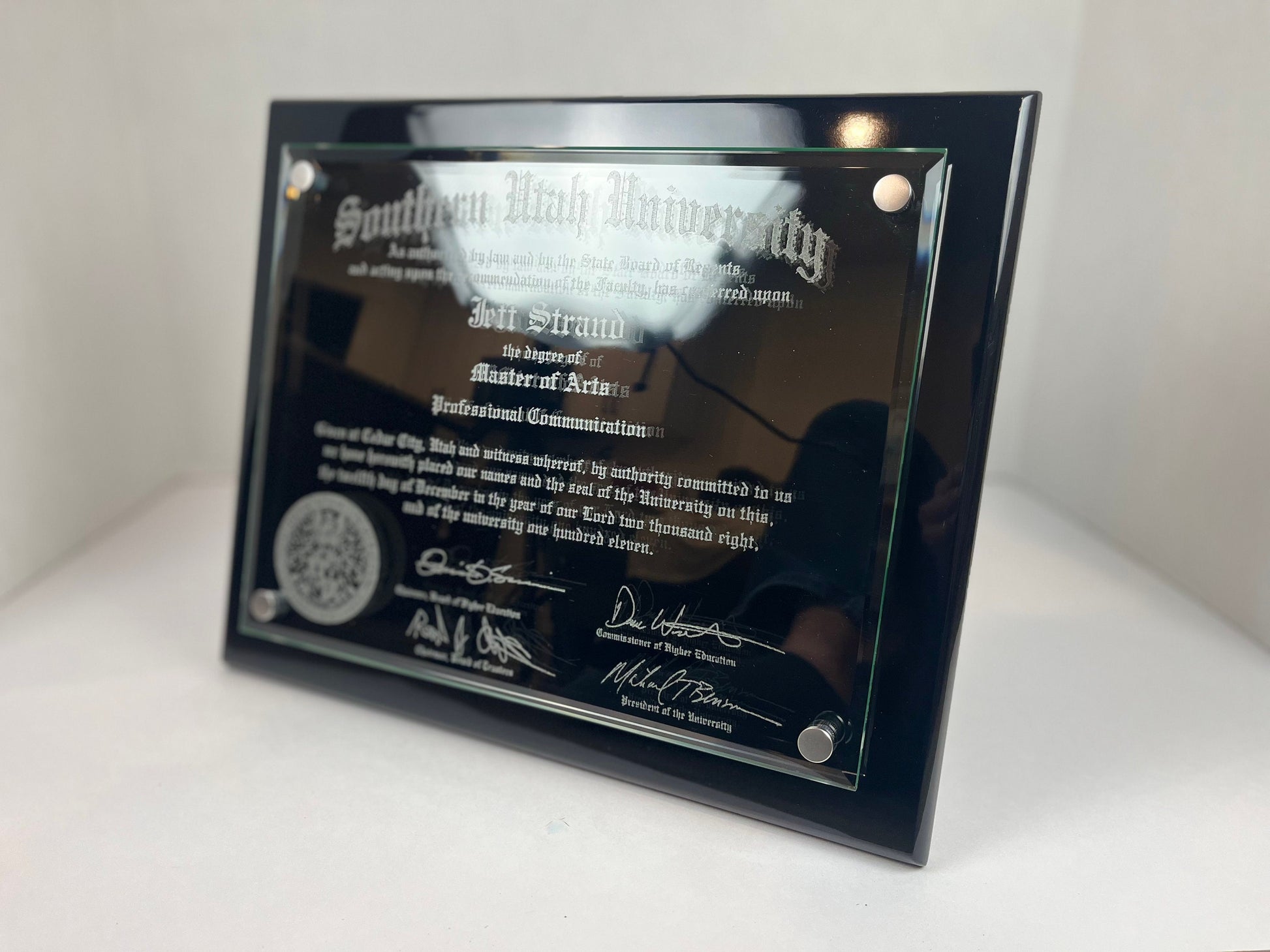 Side view of diploma frame