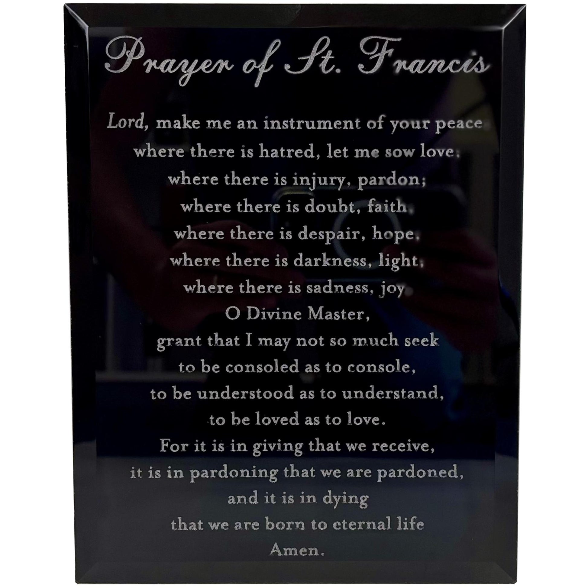 St Francis Prayer Plaque black glass