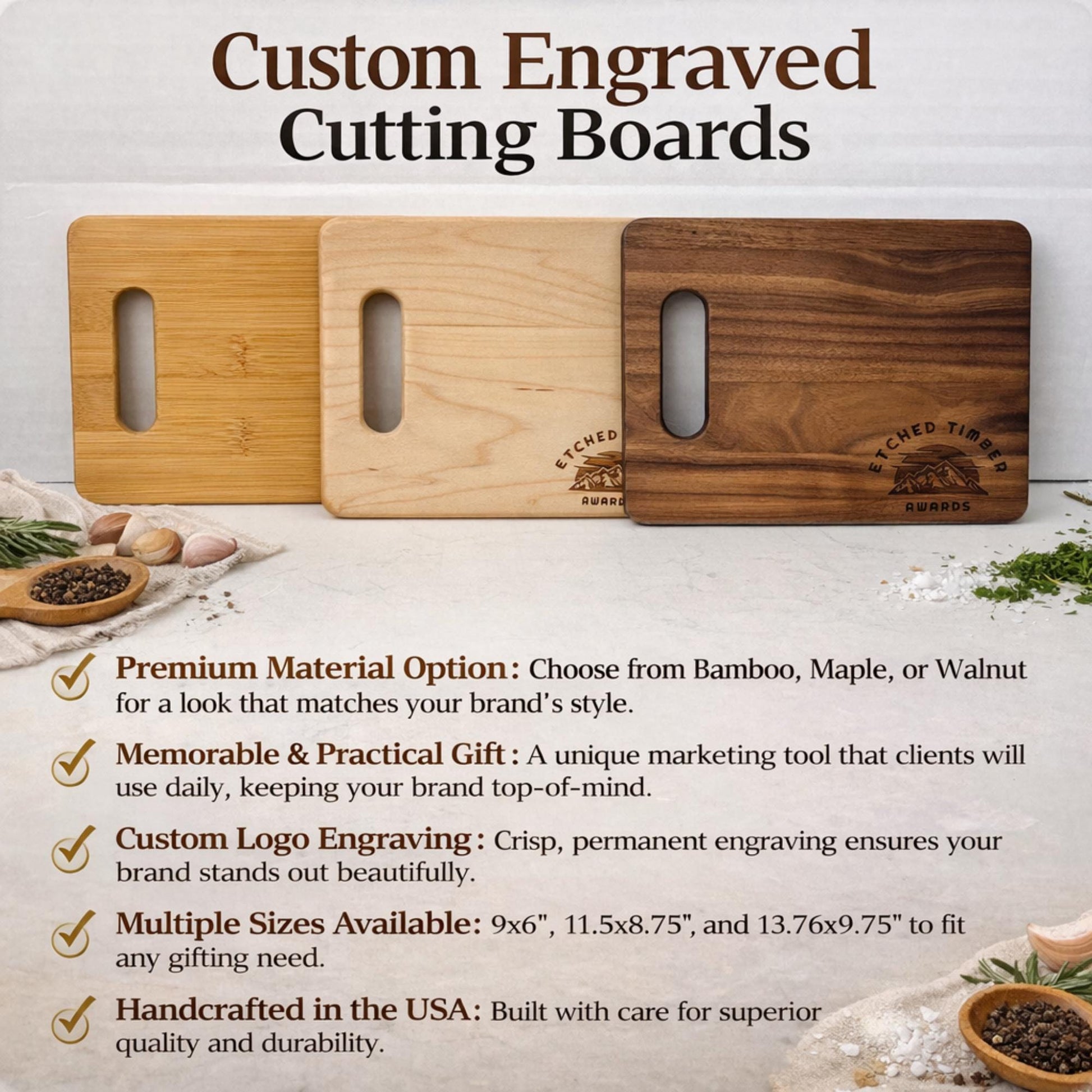Custom Logo Engraved Cutting Board – Premium Bamboo, Maple & Walnut | Handcrafted in USA | Corporate and Real Estate Closing Gifts