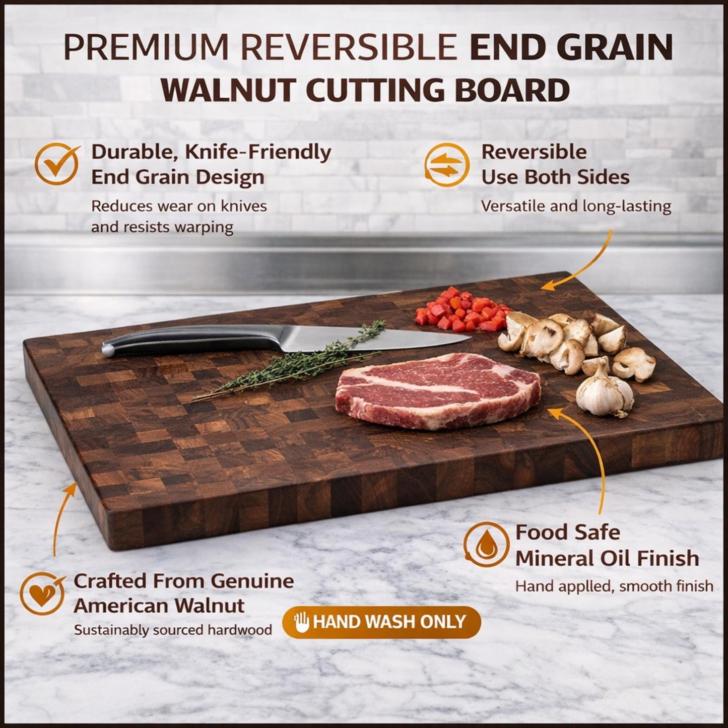 Handcrafted End Grain Walnut Chopping Block, Reversible Butcher Block Cutting Board, Made in USA, Heavy Duty Wooden Chopping Board