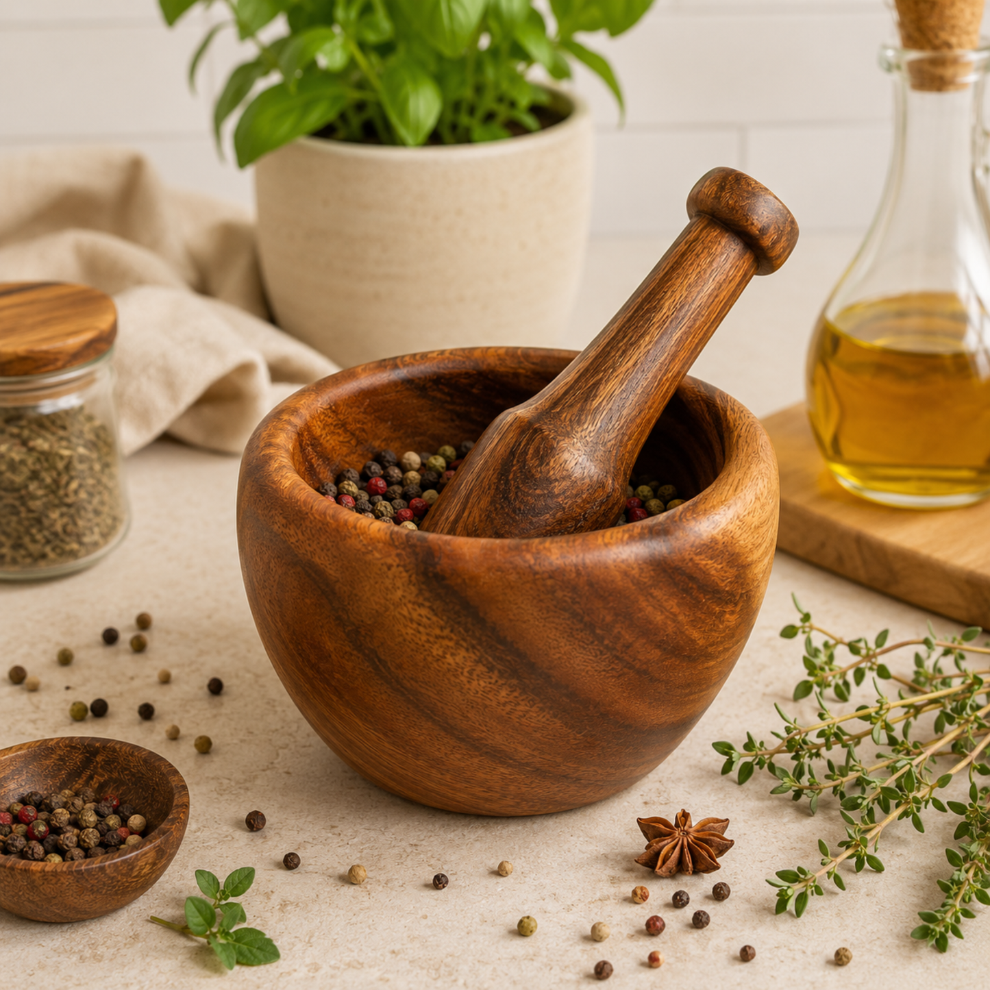Hawaiian Handcrafted Mortar & Pestle – Acacia Wood Natural Herb & Spice Grinder